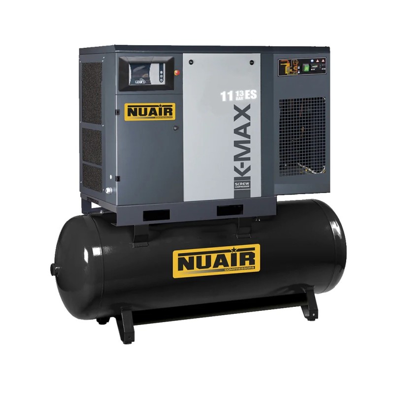 Compresseur d'air à vis 15 CV, Réservoir 500 L horizontal, pression 13 bar, débit 72 m3/h, 400 V tri + sécheur NUAIR